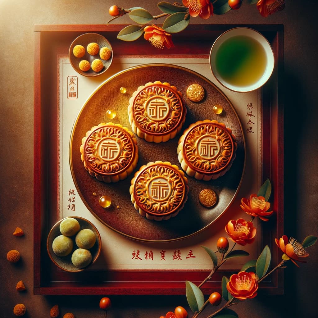 DALL-E 3 generated 中秋月餅 promo — Chinese text garbled