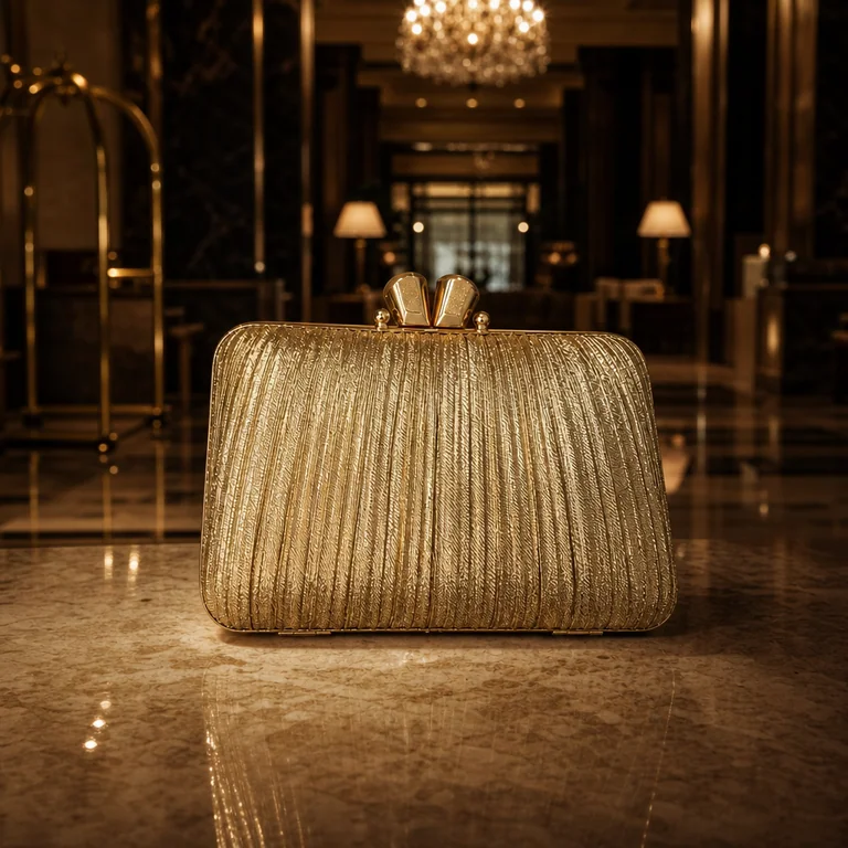 Gold clutch luxury hotel lobby chiaroscuro prompt